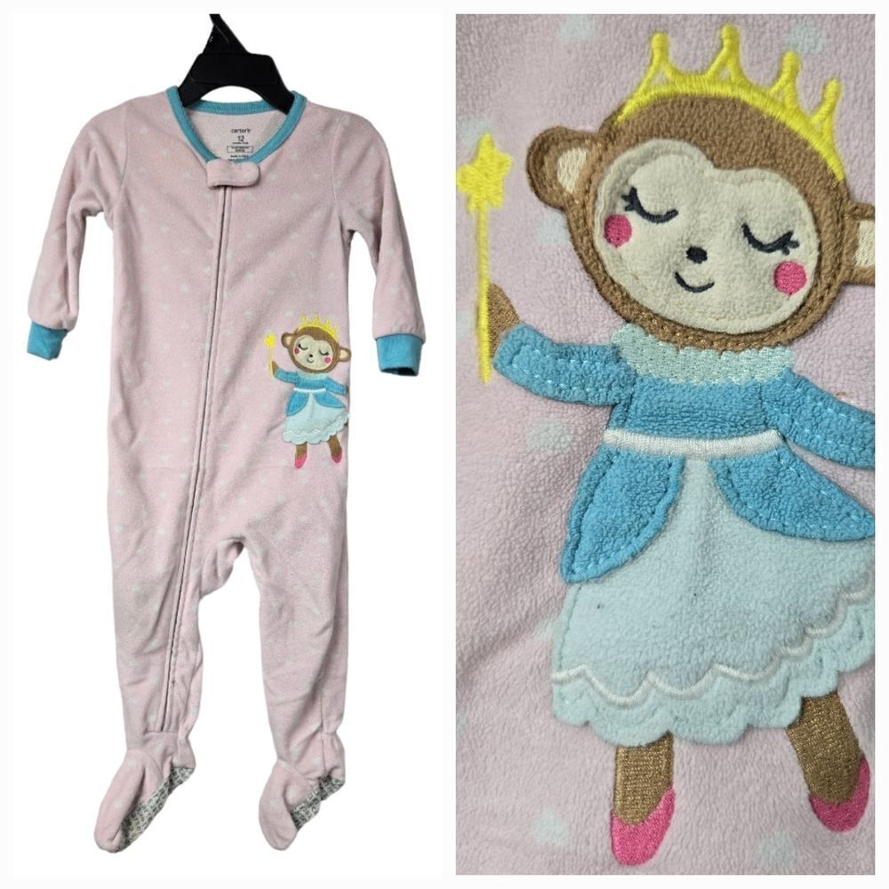 Carter's Princess Monkey Footed Pajamas 12M Pink Fleece Zip Sleeper Baby Girl